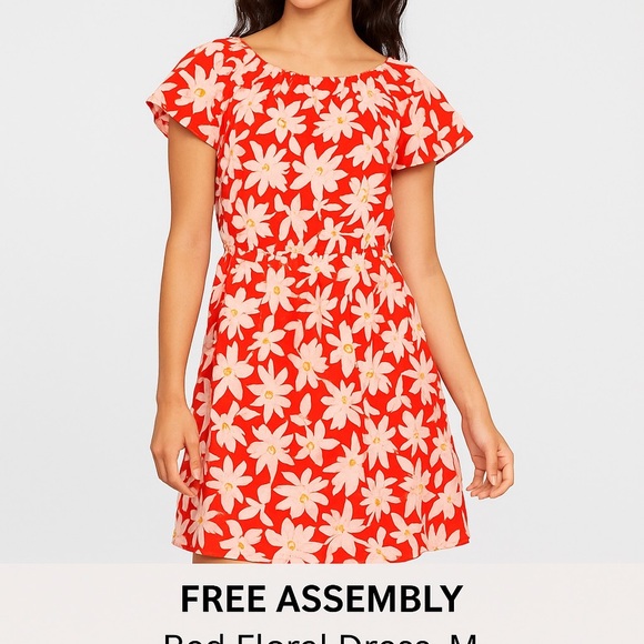 Free Assembly Red Floral Flutter Sleeve Dress Medium - Picture 1 of 7